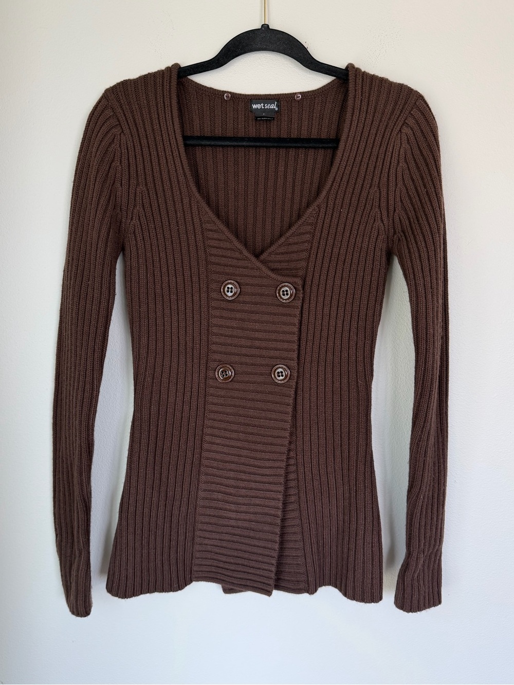Y2K Wet Seal Brown Ribbed Button Up Knit Sweater Top Vintage Autumn Fairy Grunge